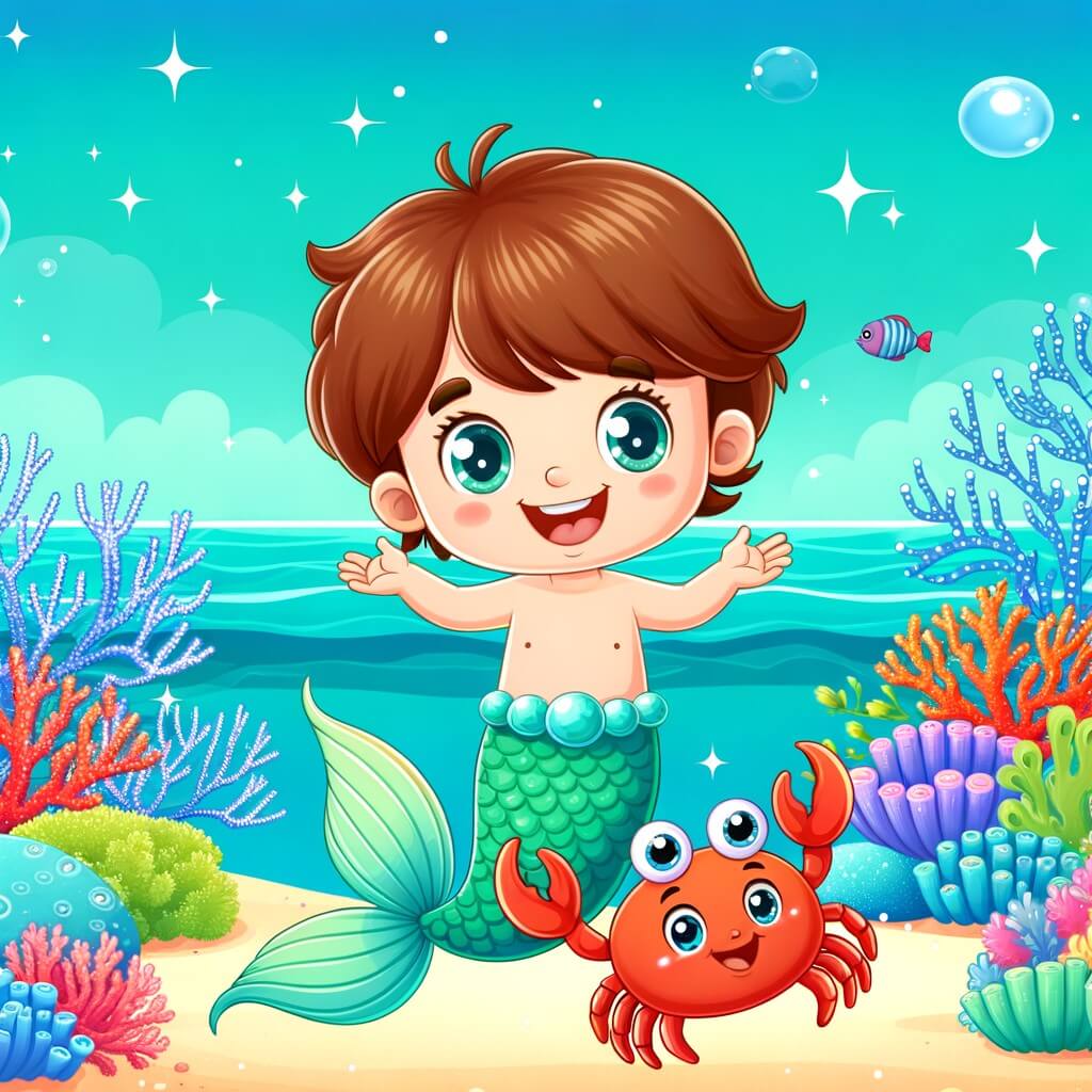 Une illustration destinée aux enfants représentant une sirène joyeuse et espiègle, accompagnée d'un petit crabe farceur, dans un magnifique lagon aux eaux turquoise, entouré de coraux colorés et de poissons exotiques chatoyants.