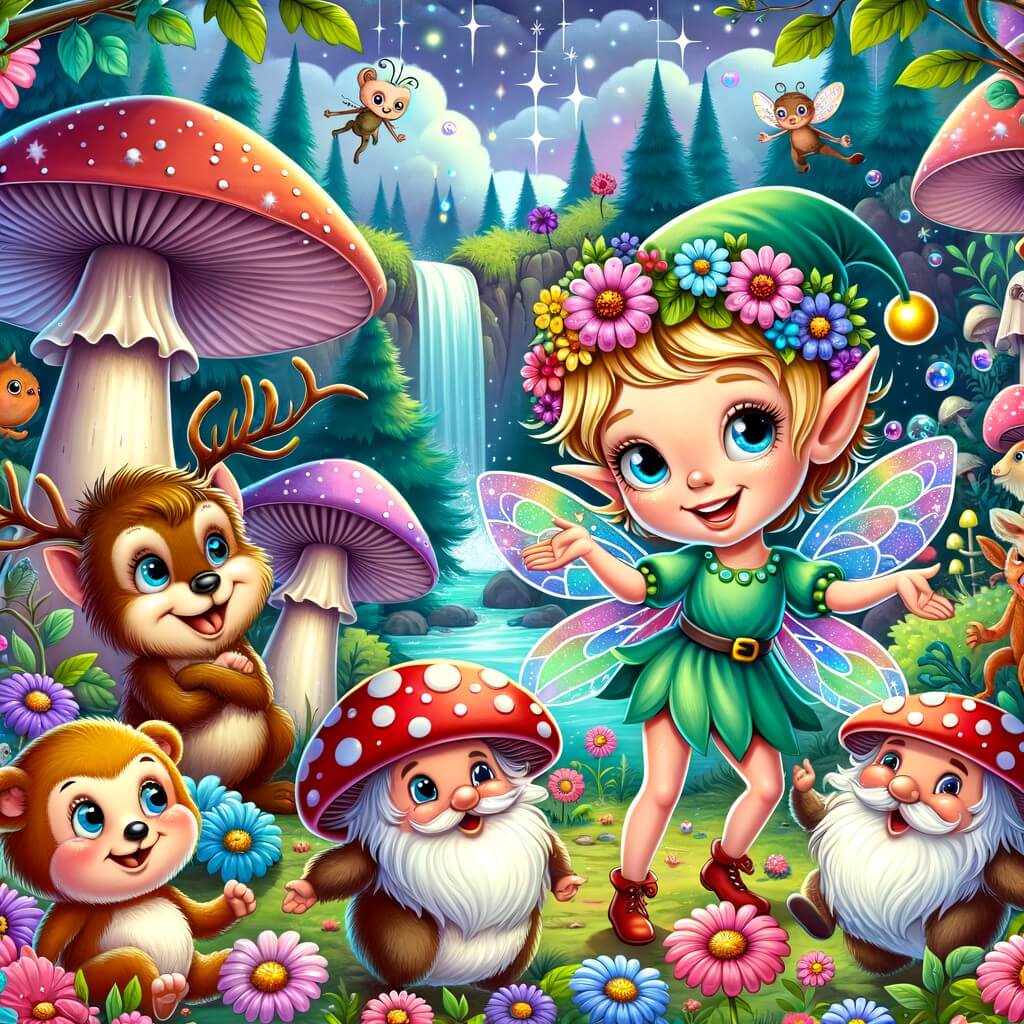 Une illustration destinée aux enfants représentant une fée espiègle, entourée de créatures rigolotes, dans une forêt enchantée remplie de fleurs multicolores, champignons géants et cascades scintillantes.