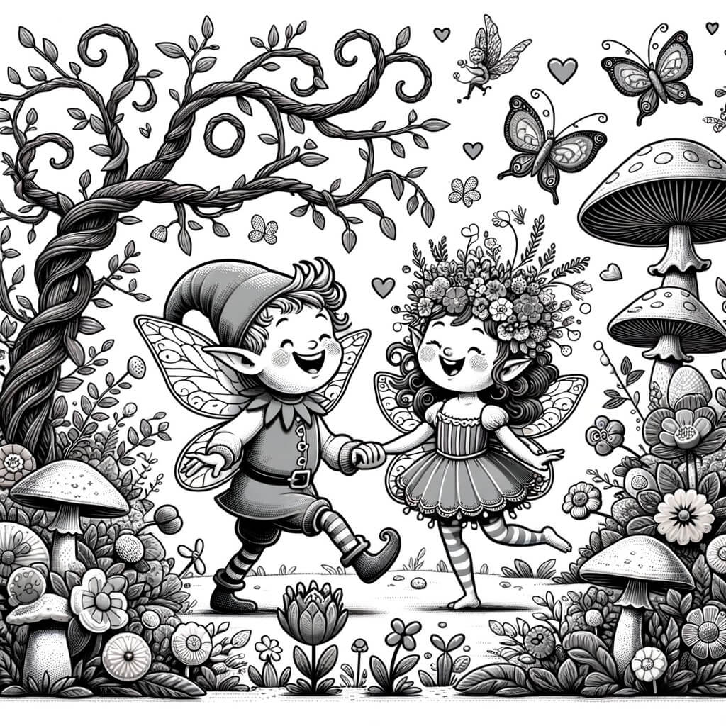 Une illustration destinée aux enfants représentant une fée maladroite, accompagnée d'un joyeux lutin farceur, dans un jardin enchanté rempli de fleurs colorées, d'arbres aux branches tordues et de champignons géants.