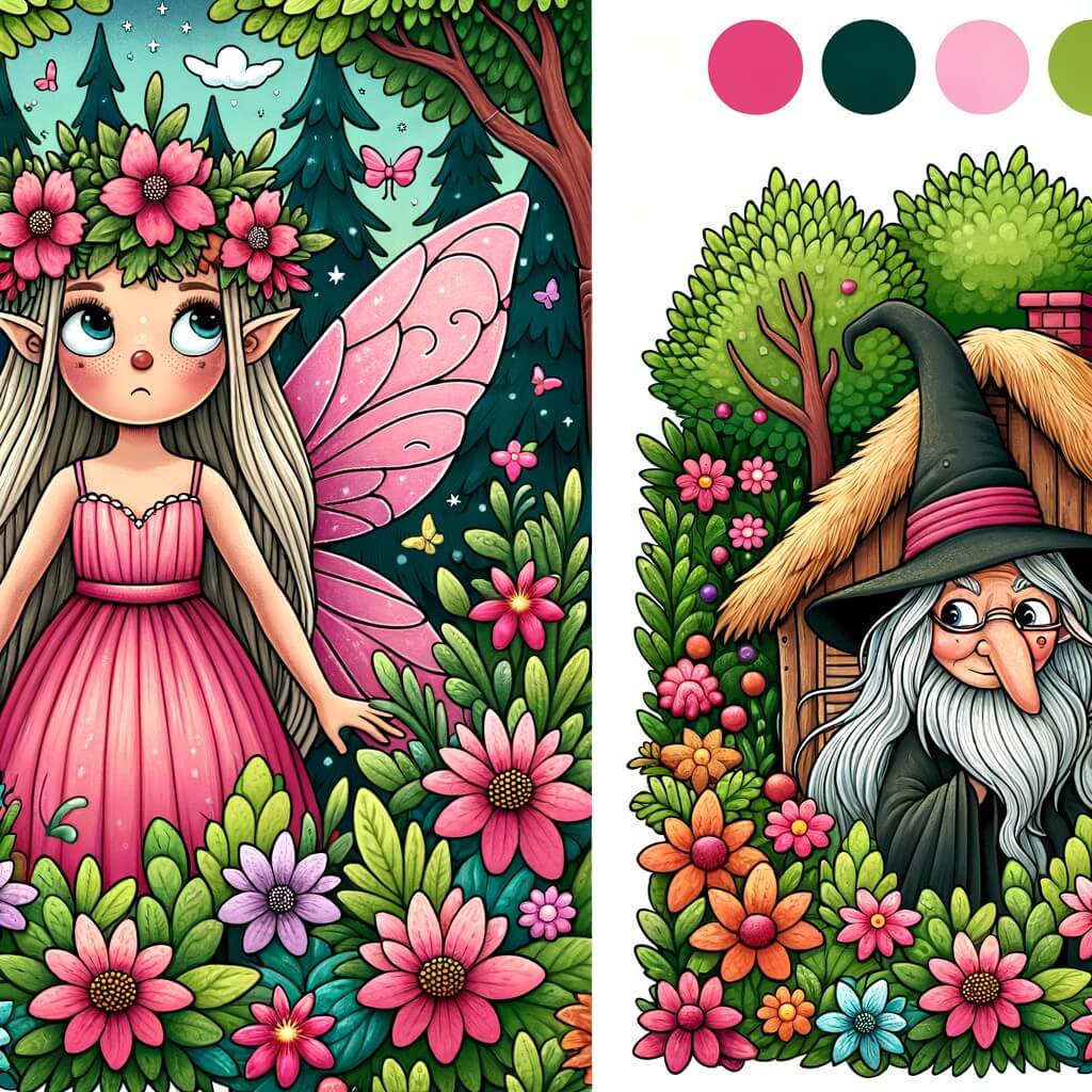 Une illustration destinée aux enfants représentant une fée farfelue aux ailes roses, qui se retrouve perdue dans une forêt enchantée, accompagnée d'une sorcière excentrique, dans une petite maisonnette cachée derrière des buissons fleuris aux couleurs vives.