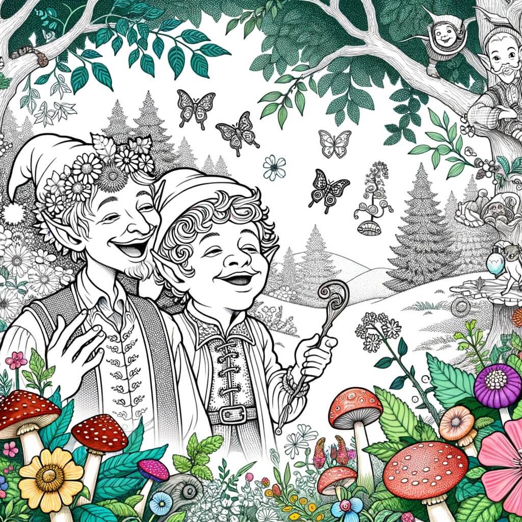 Une illustration destinée aux enfants représentant une fée espiègle et joyeuse, accompagnée d'un drôle de lutin, dans une forêt enchantée remplie de fleurs colorées, de champignons rigolos et de petits animaux curieux.