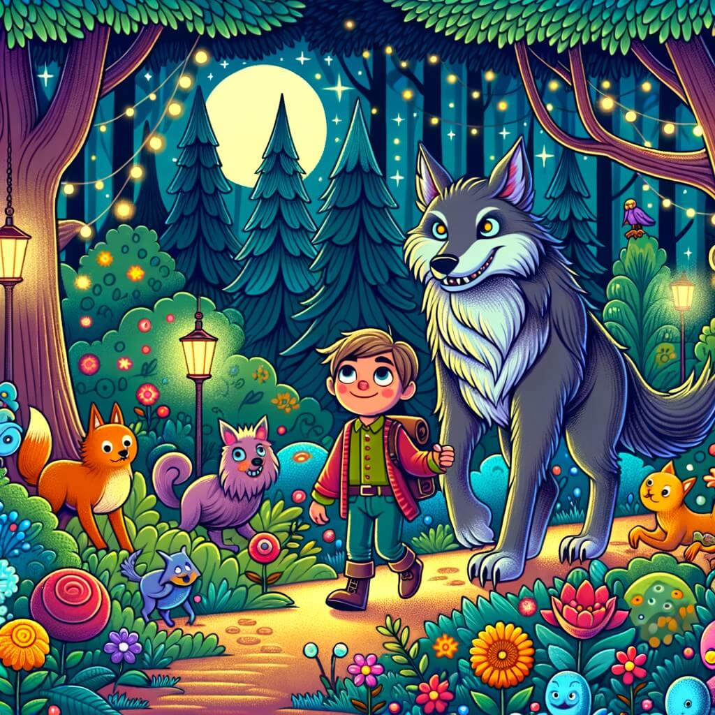 Une illustration destinée aux enfants représentant un loup-garou sympathique, accompagné d'un jeune garçon, partant à l'aventure dans une forêt enchantée remplie d'arbres colorés, de fleurs lumineuses et de créatures rigolotes.