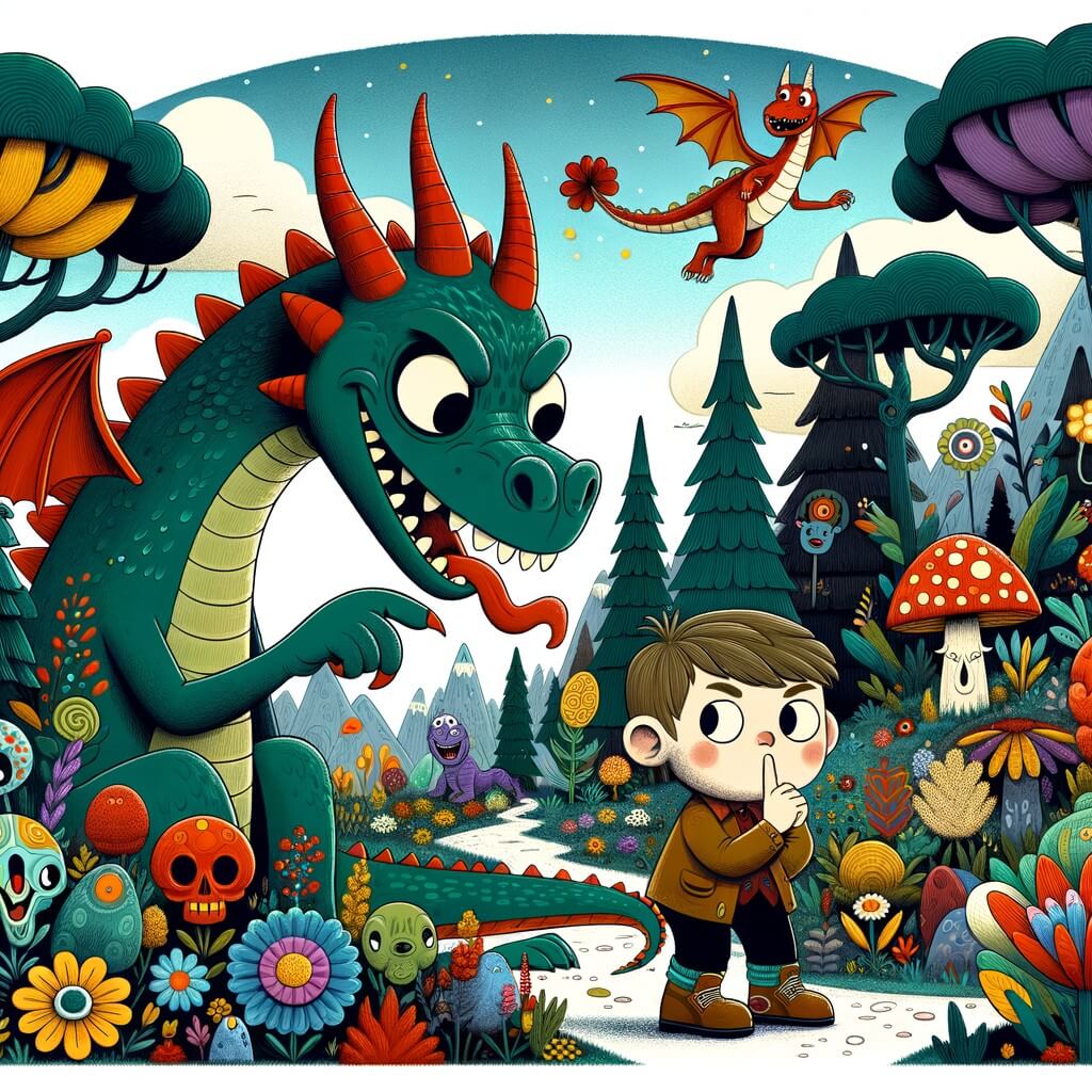 Une illustration pour enfants représentant un dragon farceur qui joue des tours à tout le monde, dans un monde fantastique rempli de couleurs et de créatures étranges.