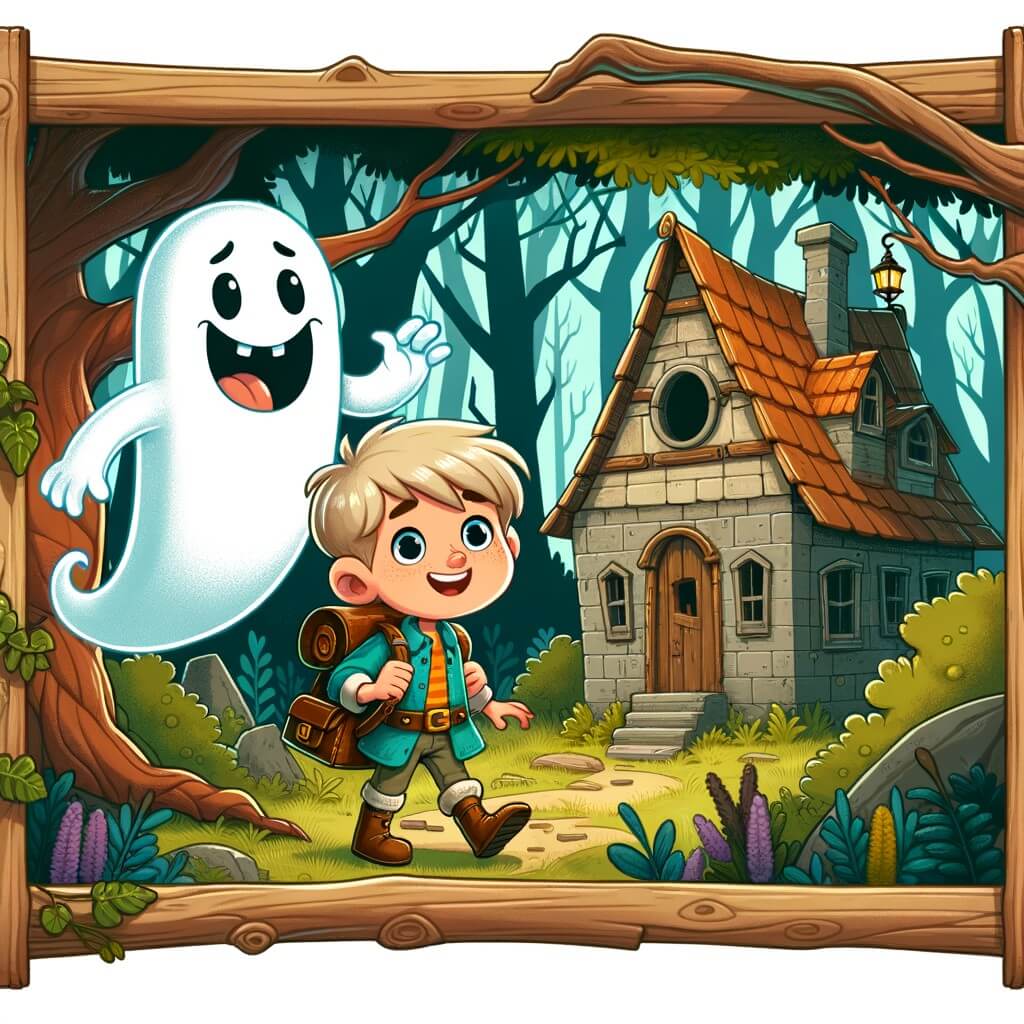 Une illustration destinée aux enfants représentant un adorable fantôme farceur, accompagné d'un jeune explorateur curieux, dans une forêt enchantée abritant une vieille maison abandonnée pleine de mystères.