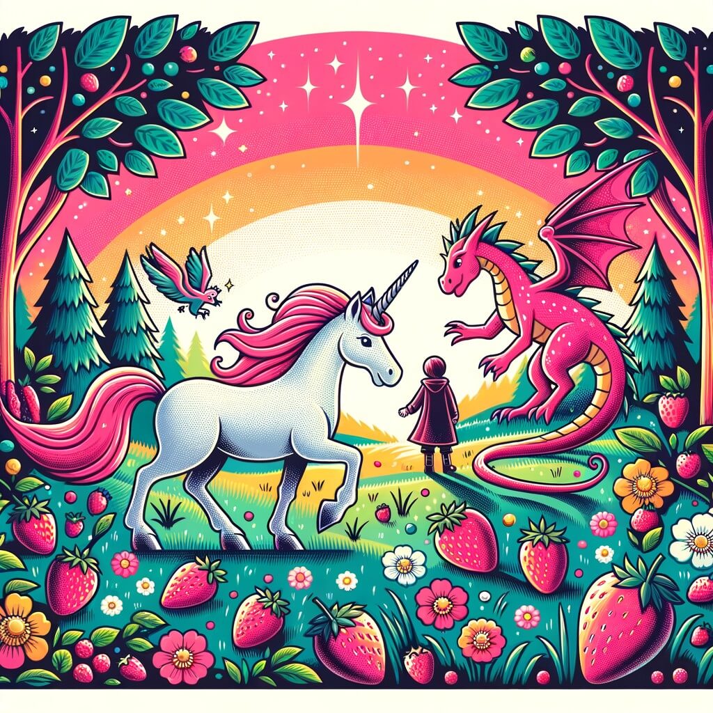 Une illustration destinée aux enfants représentant une licorne rose, perdue dans une forêt enchantée, faisant la rencontre d'un dragon amical, dans un champ de fraises aux couleurs vives et aux senteurs sucrées.