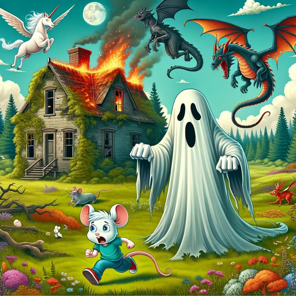 Une illustration pour enfants représentant un fantôme rigolo coincé dans une maison hantée qui se trouve dans un univers fantastique.