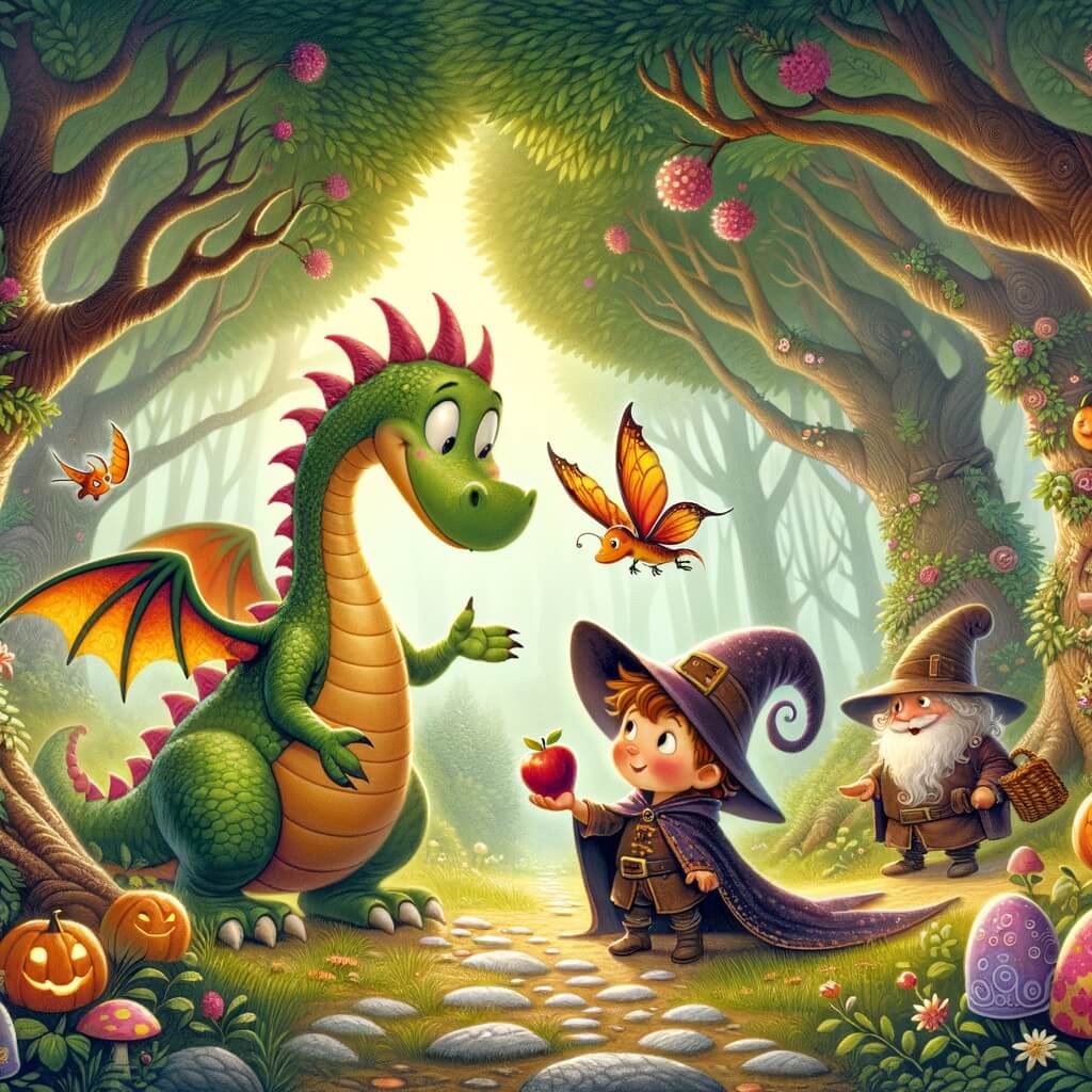 Une illustration pour enfants représentant un dragon rigolo qui se fait de nouveaux amis lors d'une aventure enchantée dans une forêt magique.