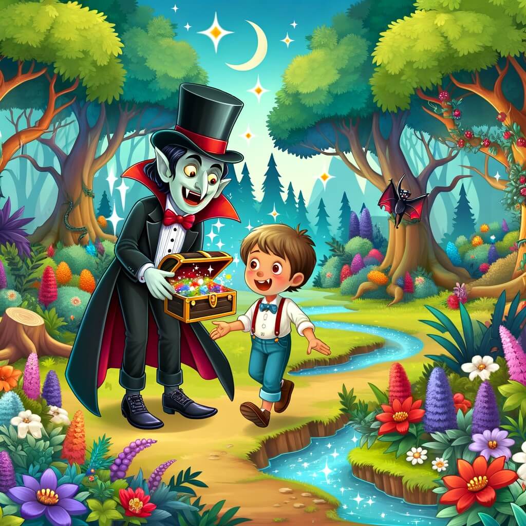 Une illustration pour enfants représentant un vampire amical et farceur, organisant une chasse au trésor dans une forêt enchantée.