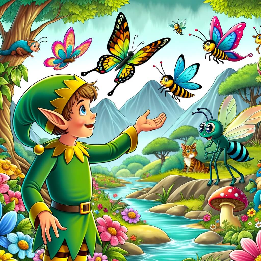 Une illustration pour enfants représentant un lutin farceur jouant des tours dans une forêt enchantée.