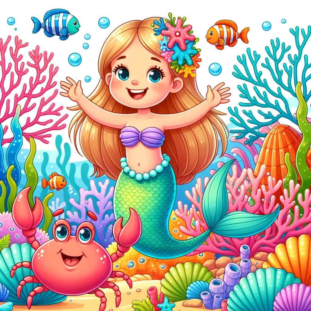Une illustration destinée aux enfants représentant une sirène espiègle et joyeuse, accompagnée d'un sympathique crabe, dans un monde sous-marin coloré et plein de coraux multicolores, de coquillages chatoyants et de poissons rigolos.