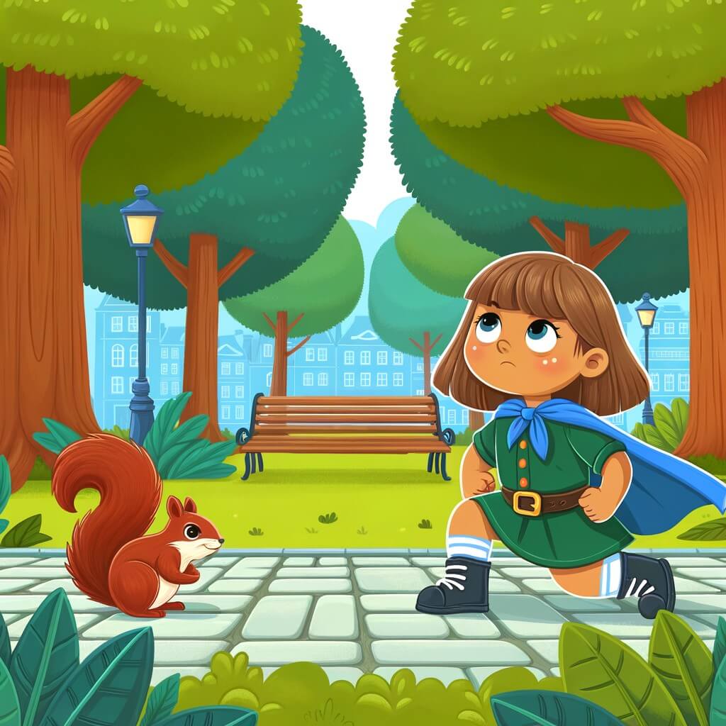 Une illustration destinée aux enfants représentant une petite fille courageuse et déterminée, confrontée à un défi impossible, accompagnée d'un écureuil espiègle, dans un parc verdoyant avec de grands arbres et des bancs accueillants.