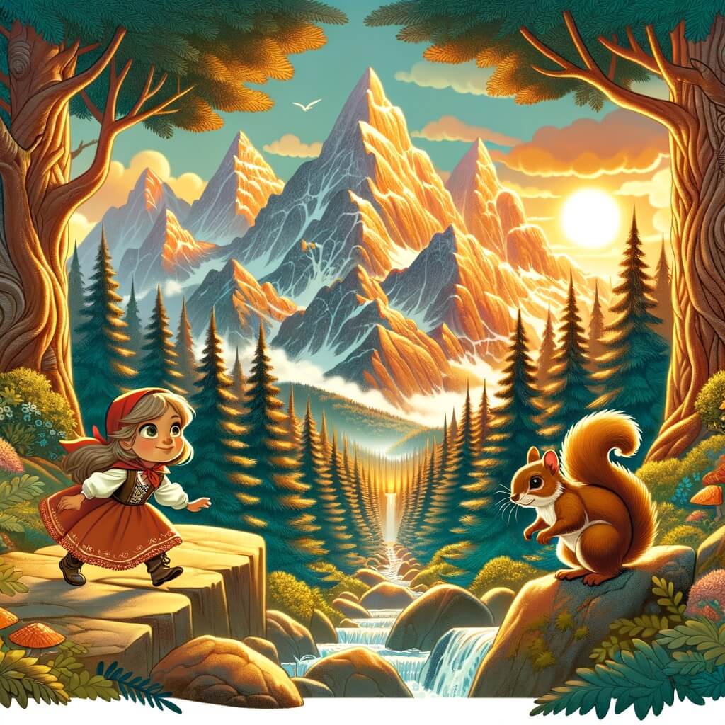 Une illustration pour enfants représentant une petite fille courageuse se lançant dans une quête impossible, à la recherche d'un trésor mystérieux, dans un jardin enchanté.