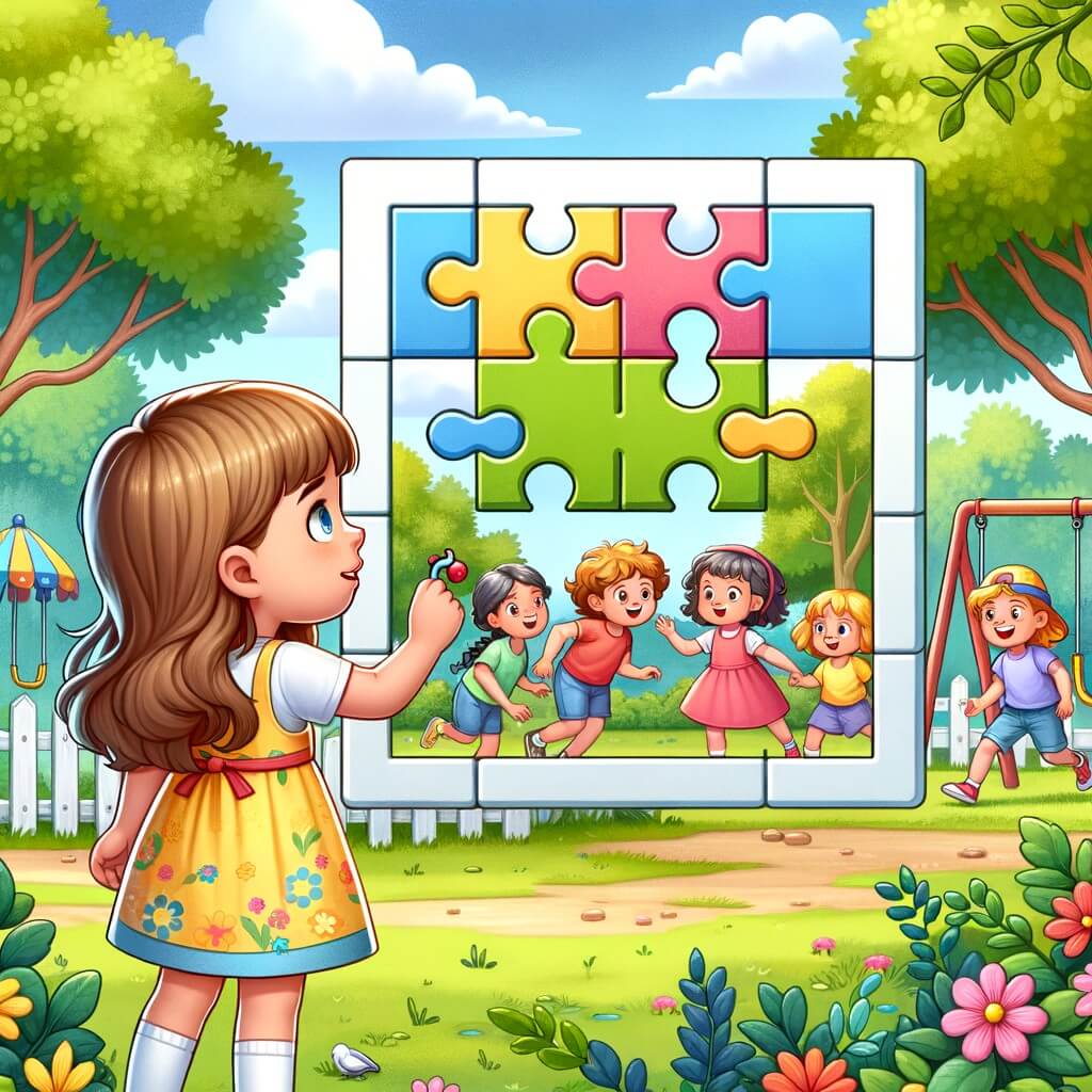 Une illustration destinée aux enfants représentant une petite fille pleine de curiosité et d'énergie, qui se retrouve face à un puzzle apparemment impossible à résoudre, accompagnée de ses amis dans un parc magnifique avec des arbres colorés, des balançoires et un ciel bleu éclatant.
