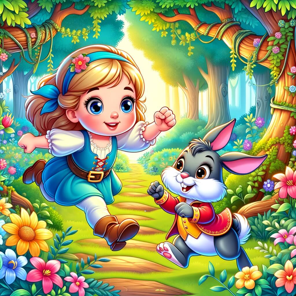 Une illustration destinée aux enfants représentant une petite fille pleine d'énergie, affrontant des défis impossibles avec l'aide d'un lapin malicieux, dans un jardin enchanté rempli de fleurs colorées et d'arbres majestueux.