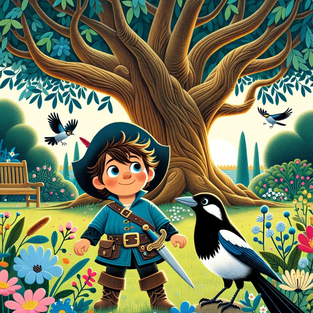 Une illustration destinée aux enfants représentant un petit garçon intrépide se tenant devant un arbre majestueux, accompagné d'une pie malicieuse, dans un jardin verdoyant et fleuri.
