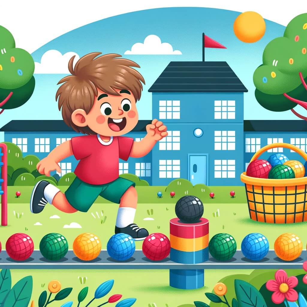 Une illustration destinée aux enfants représentant un petit garçon plein d'énergie relevant un défi impossible avec l'aide d'un panier de balles en caoutchouc, dans une école colorée entourée de verdure.