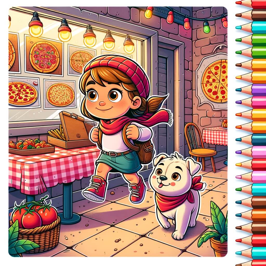 Une illustration destinée aux enfants représentant une petite fille intrépide se lançant dans un défi impossible, accompagnée de son fidèle ami, dans une pizzeria colorée aux murs tapissés de photos de pizzas appétissantes et de lumières vives suspendues au-dessus des tables.