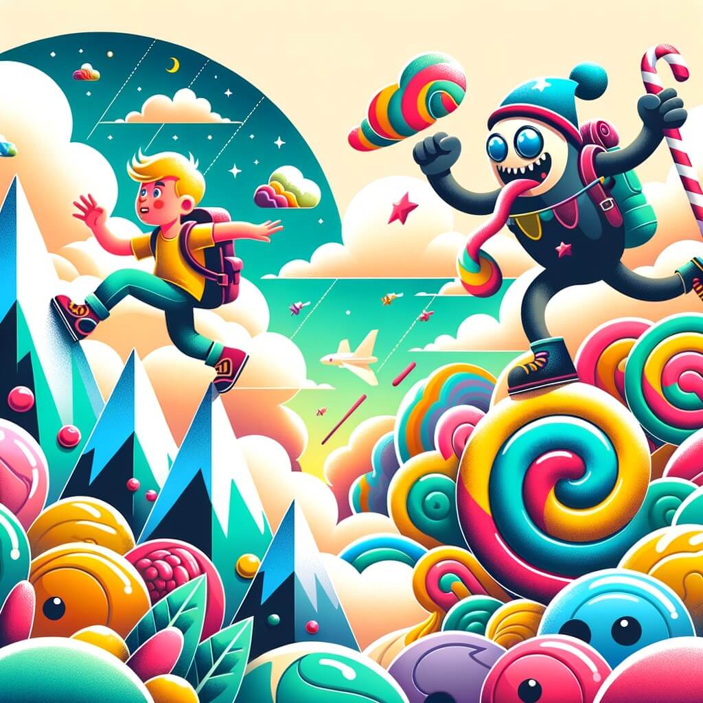 Une illustration destinée aux enfants représentant un petit garçon intrépide se lançant dans un défi impossible avec l'aide d'un drôle de personnage, dans un monde fantastique rempli de nuages colorés et de montagnes en forme de bonbons.