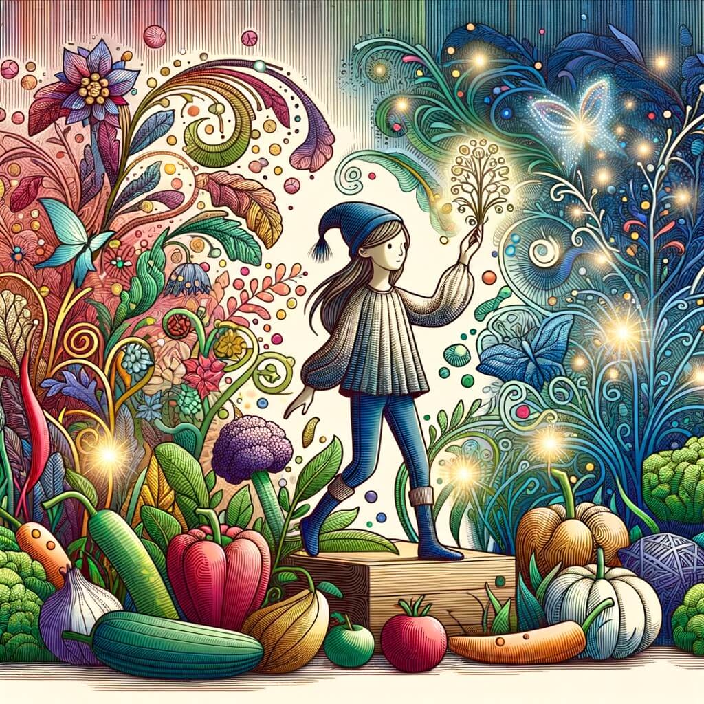 Une illustration destinée aux enfants représentant une petite fille pleine d'imagination confrontée à un défi impossible entourée de légumes colorés, dans un jardin enchanté aux fleurs lumineuses et aux arbres dansants.