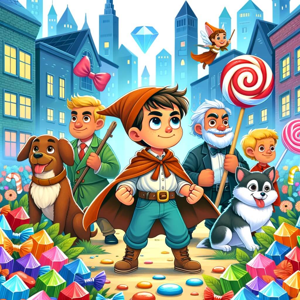 Une illustration destinée aux enfants représentant un petit garçon intrépide, confronté à un défi impossible, accompagné de ses fidèles amis, dans une ville colorée et animée où les bonbons ont mystérieusement disparu.