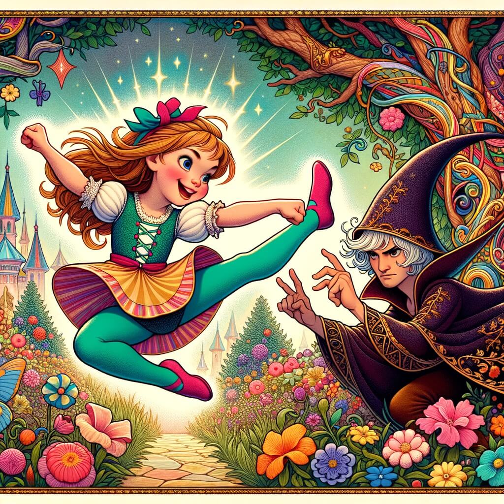 Une illustration destinée aux enfants représentant une petite fille pleine d'énergie, confrontée à un défi impossible avec l'aide d'un mystérieux personnage secondaire, dans un jardin enchanté rempli de fleurs multicolores et d'arbres majestueux.