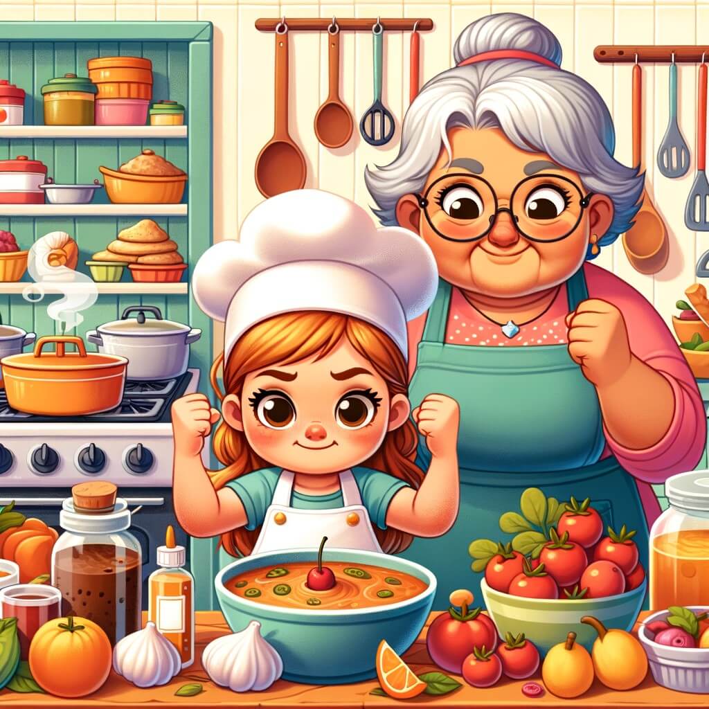 Une illustration pour enfants représentant une petite fille faisant face à un défi culinaire impossible lors de la fête d'anniversaire de son ami, dans un lieu coloré et festif.