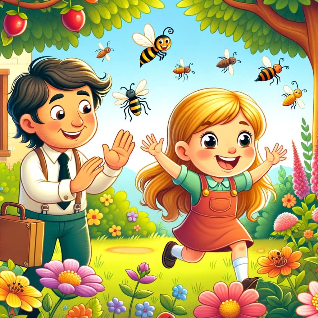 Une illustration destinée aux enfants représentant une petite fille pleine d'énergie, confrontée à la peur des insectes, accompagnée d'un voisin aimable et souriant, dans un jardin luxuriant rempli de fleurs colorées et d'arbres fruitiers.
