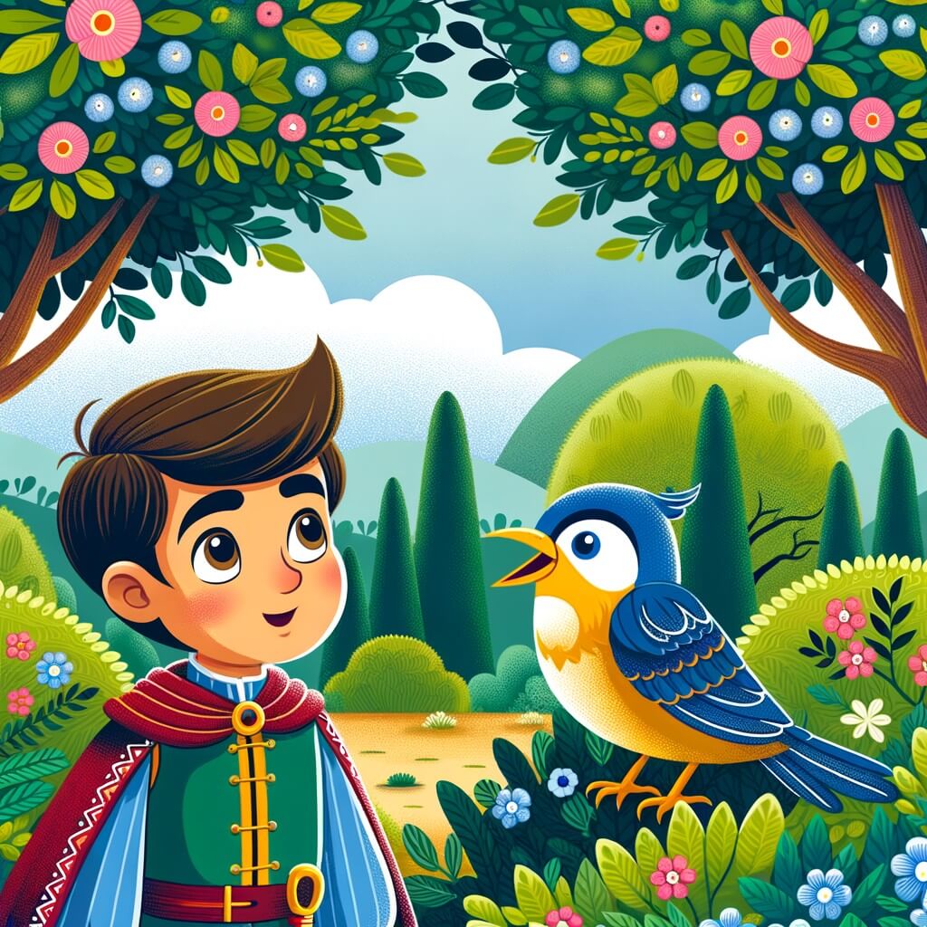 Une illustration destinée aux enfants représentant un petit garçon intrépide, confronté à un défi impossible, accompagné d'un oiseau parlant, dans un jardin verdoyant rempli de buissons fleuris et d'arbres majestueux.