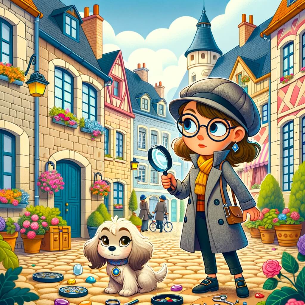 Une illustration destinée aux enfants représentant une femme détective courageuse et intelligente, résolvant le mystère d'un vol de bijoux avec l'aide d'un petit chien fidèle, dans la charmante ville de Marville, avec ses rues pavées colorées, ses maisons en pierre et ses jardins fleuris.