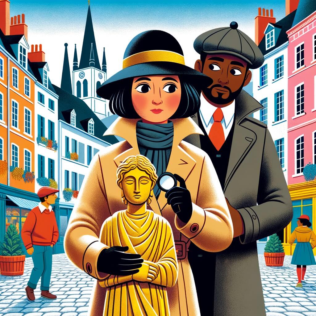 Une illustration destinée aux enfants représentant un détective habillé d'un manteau beige, coiffé d'un chapeau noir, scrutant attentivement une place animée où une statue en or massif a mystérieusement disparu, accompagné de son fidèle adjoint, dans la pittoresque ville de Belleville aux maisons colorées et aux rues pavées.