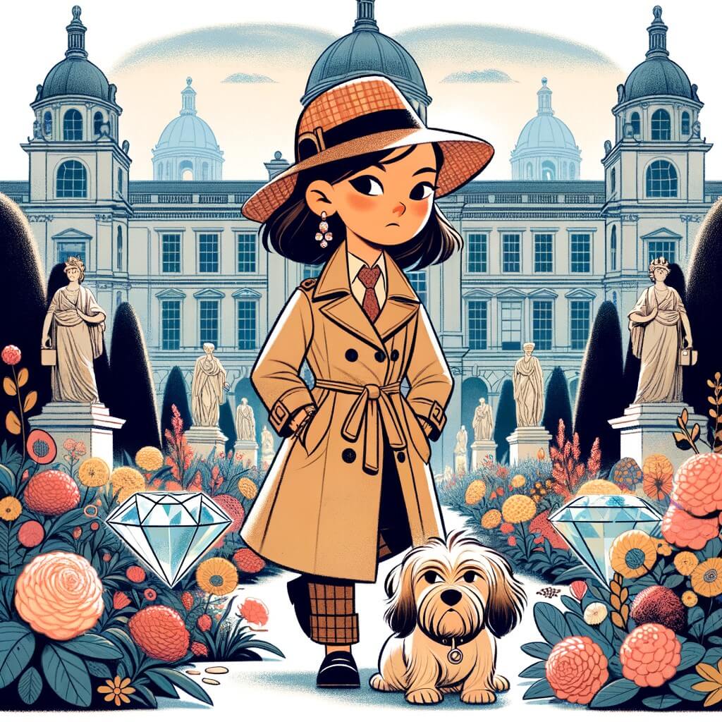 Une illustration destinée aux enfants représentant une courageuse détective, vêtue d'un imperméable beige et d'un chapeau en tweed, enquêtant sur le vol d'un précieux diamant avec l'aide d'un fidèle chien détective, dans un musée majestueux au cœur de la ville, entouré de statues en marbre et de magnifiques jardins fleuris.
