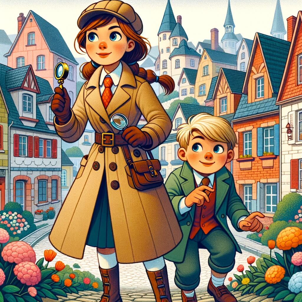 Une illustration destinée aux enfants représentant une femme détective intrépide, résolue à résoudre le mystère de la disparition d'une bague précieuse, avec l'aide d'un jeune garçon espiègle, dans une petite ville pleine de maisons colorées et de rues pavées bordées de fleurs.