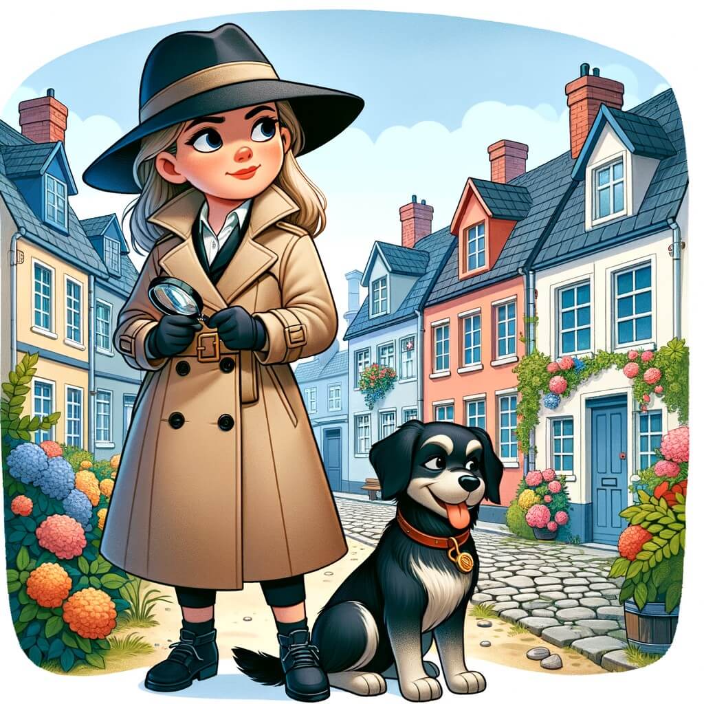 Une illustration pour enfants représentant une détective talentueuse, enquêtant sur un vol mystérieux dans une petite ville paisible nommée Clairville.