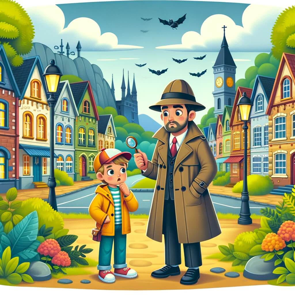 Une illustration destinée aux enfants représentant un détective intrépide en imperméable, résolvant un mystère avec l'aide d'un jeune garçon curieux, dans une petite ville pittoresque bordée de maisons colorées et entourée d'une nature luxuriante.