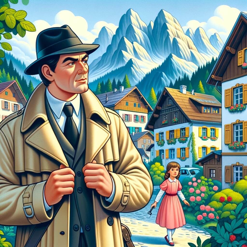 Une illustration pour enfants représentant un homme courageux, résolvant un mystère de disparition dans un petit village entouré de montagnes.