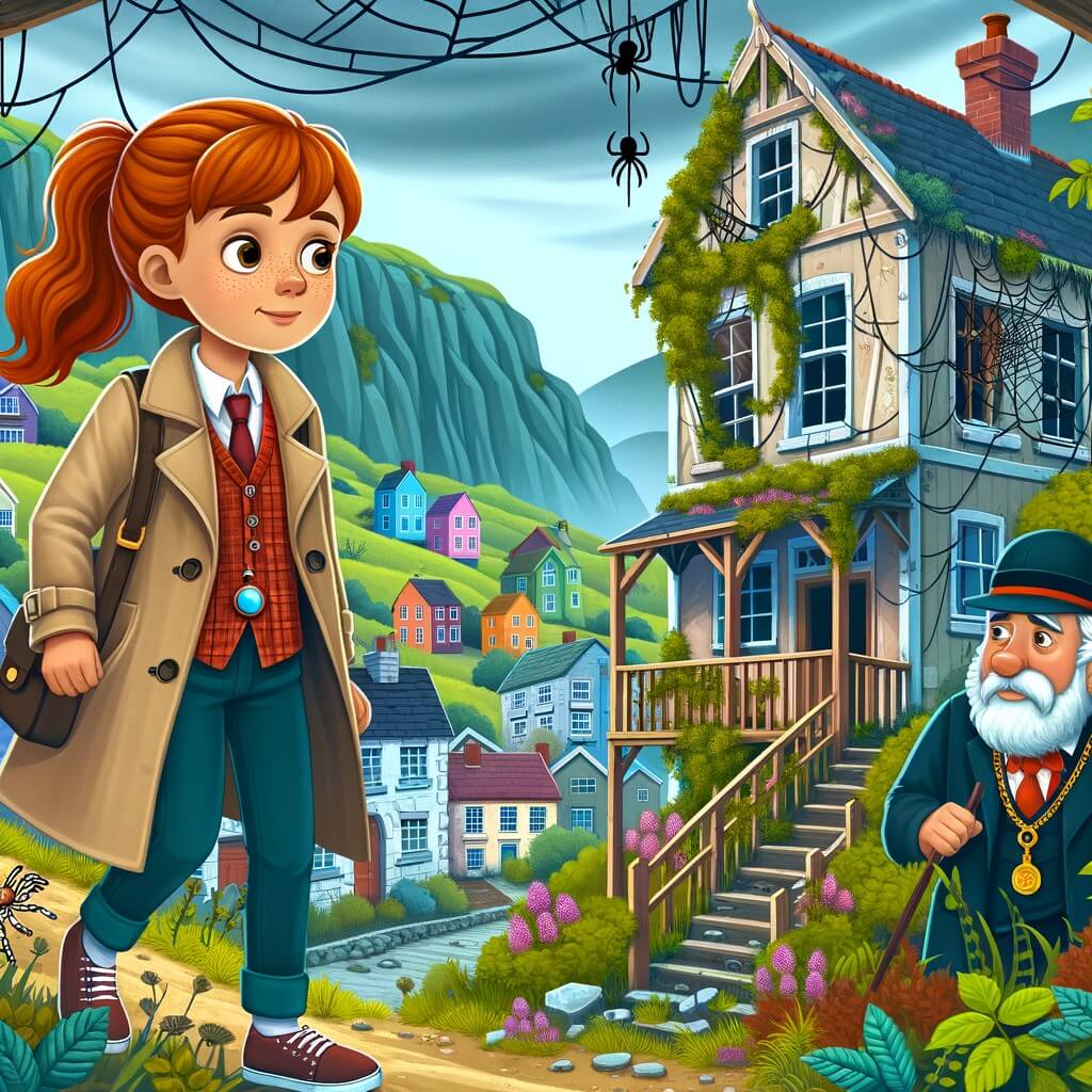 Une illustration pour enfants représentant une femme détective intrépide, résolvant un mystère dans une maison abandonnée hantée, située dans un petit village pittoresque.