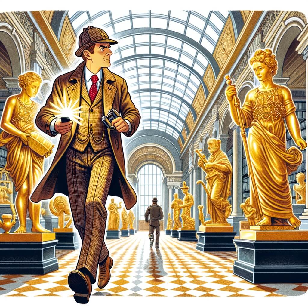 Une illustration destinée aux enfants représentant un détective à la fois astucieux et déterminé, qui se retrouve sur la piste d'un voleur dans un musée majestueux rempli de statues en or étincelantes.