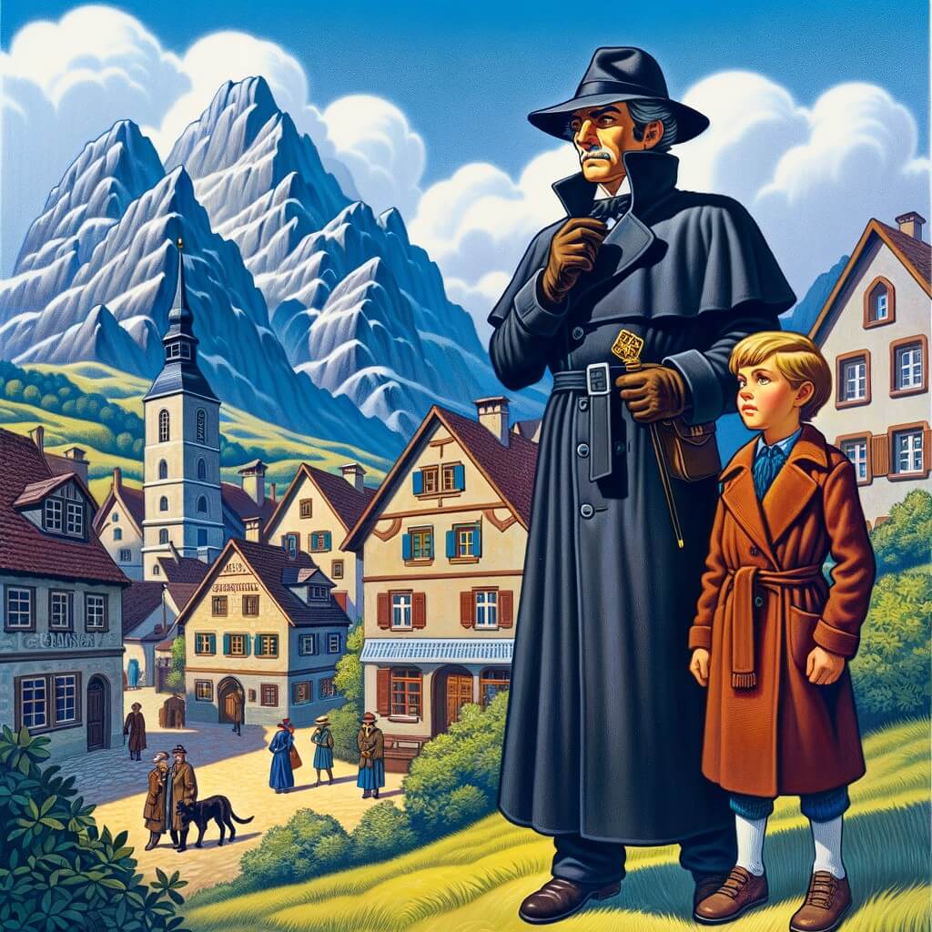 Une illustration pour enfants représentant un détective intrépide, enquêtant sur le vol d'une précieuse statue en or dans la petite ville de Montagneville.
