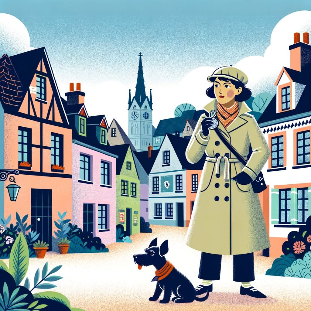 Une illustration destinée aux enfants représentant une détective audacieuse, résolvant un vol mystérieux avec l'aide de son fidèle chien détective, dans la pittoresque petite ville de Châtelaine, entourée de maisons colorées et de jolies ruelles pavées.
