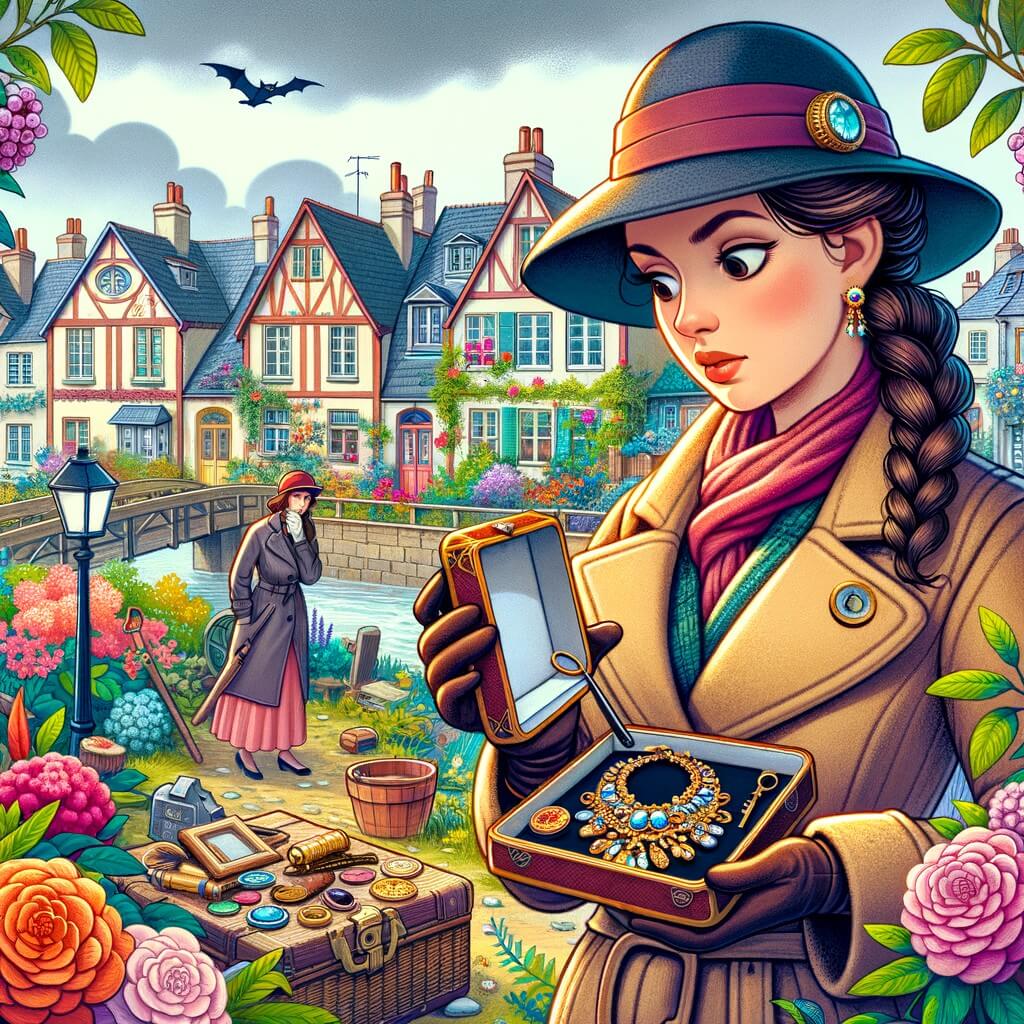 Une illustration pour enfants représentant une détective intrépide, résolvant un mystère de collier volé dans une petite ville pleine de secrets.