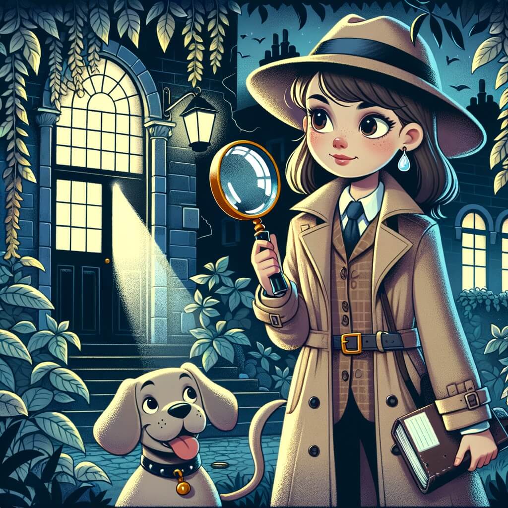 Une illustration pour enfants représentant une jeune femme détective qui enquête sur la mystérieuse disparition d'un garçon dans un vieux manoir abandonné.