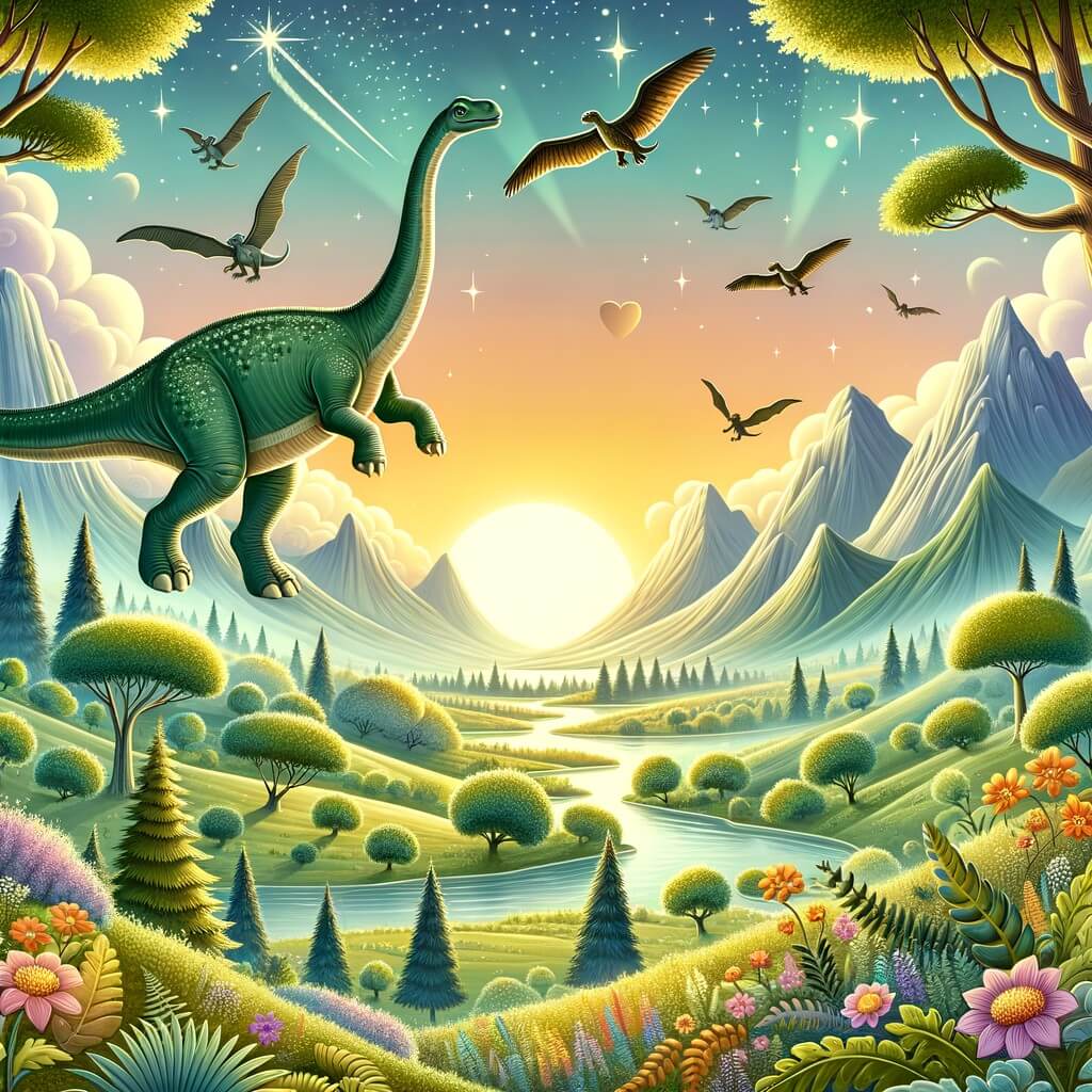 Une illustration pour enfants représentant un majestueux diplodocus, plongé dans une aventure extraordinaire au cœur d'une vallée enchantée peuplée de dinosaures.