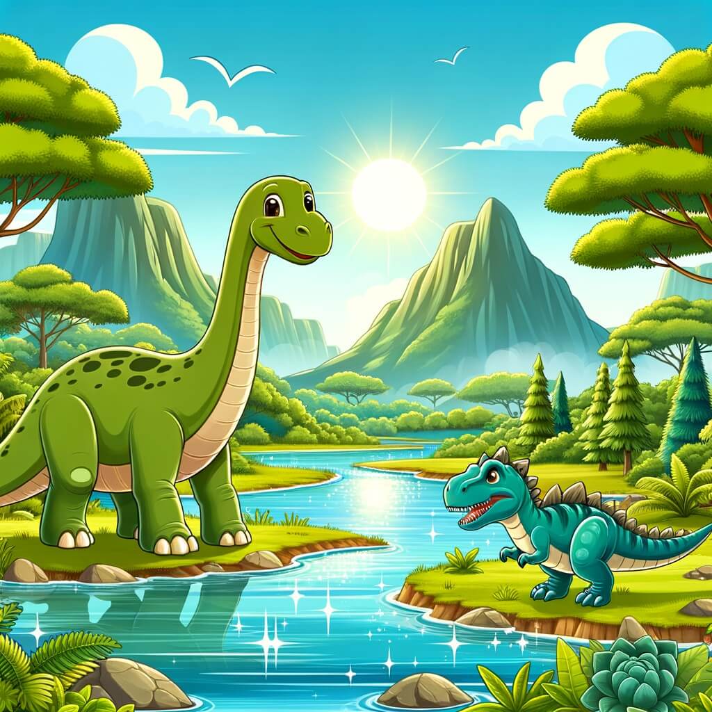 Une illustration destinée aux enfants représentant un majestueux diplodocus se tenant au bord d'une rivière scintillante, avec un tyrannosaure amical à ses côtés, dans la vallée verdoyante et luxuriante des dinosaures.