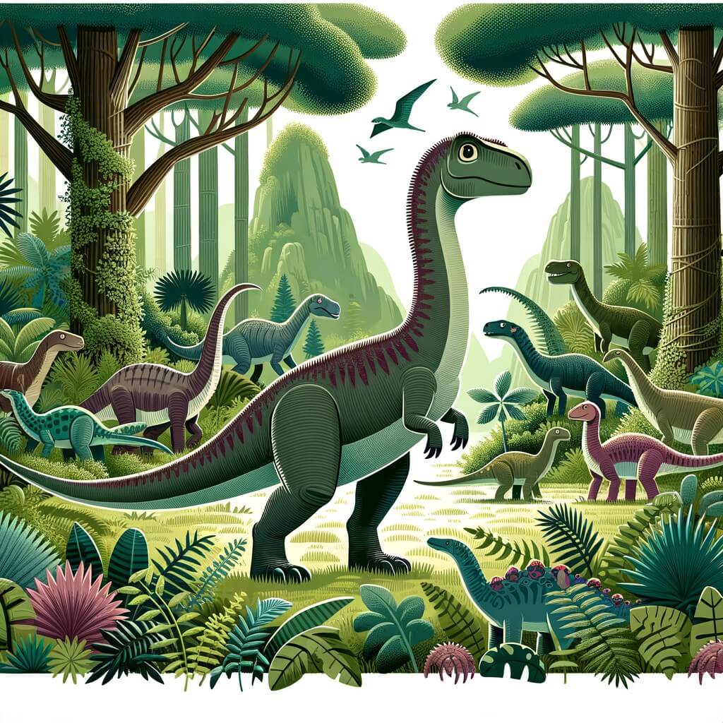 Une illustration destinée aux enfants représentant un majestueux dinosaure herbivore à long cou, se trouvant dans une forêt dense et luxuriante, accompagné de différents dinosaures et explorant un monde préhistorique rempli d'aventures captivantes.