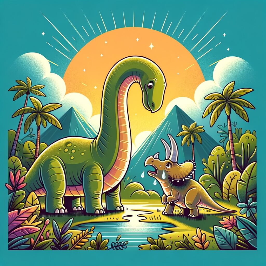 Une illustration destinée aux enfants représentant un majestueux diplodocus, se tenant au milieu d'une jungle luxuriante, faisant face à un tricératops pleurant, tandis que le soleil brille au-dessus d'eux, créant une atmosphère chaleureuse et accueillante.
