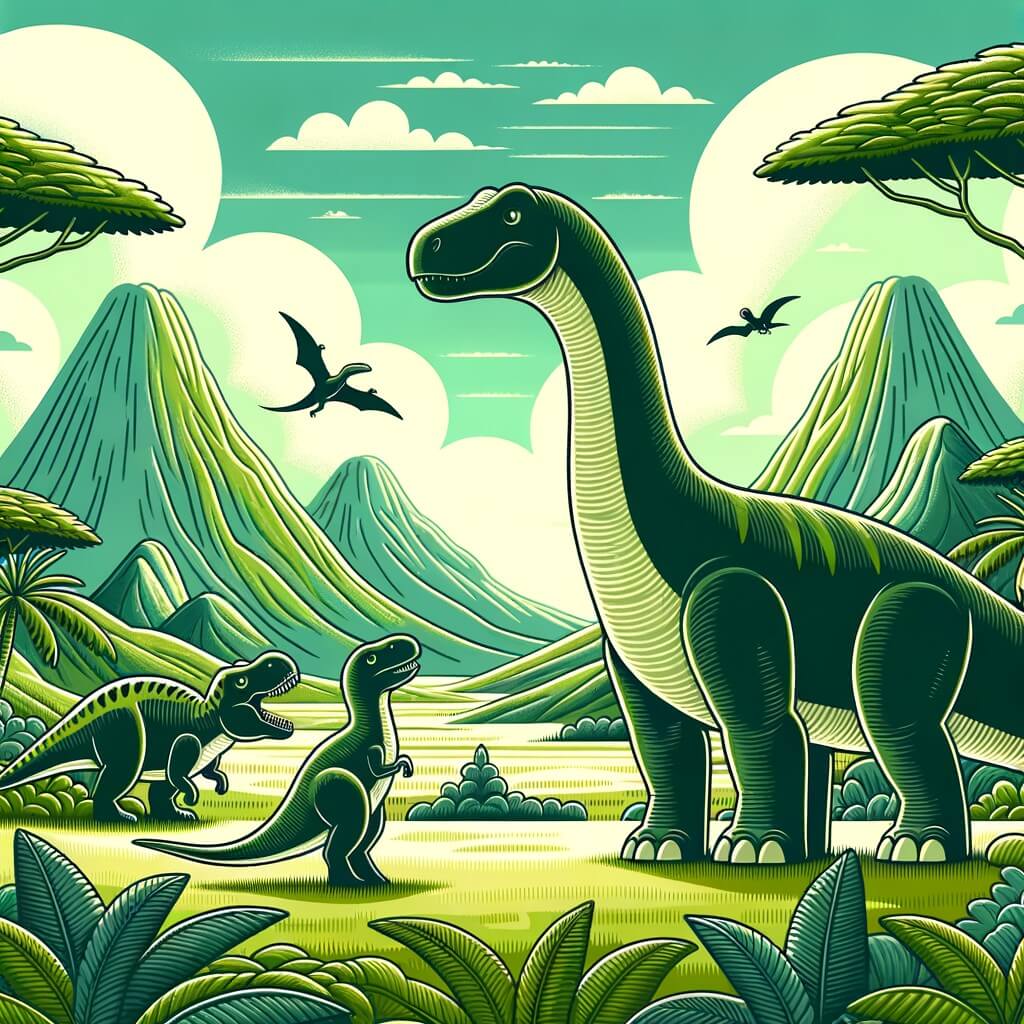 Une illustration destinée aux enfants représentant un majestueux diplodocus, se tenant sur une vaste plaine verdoyante, accompagné d'un petit hadrosaure, dans la magnifique vallée des dinosaures, alors qu'ils font face à un redoutable T-Rex.