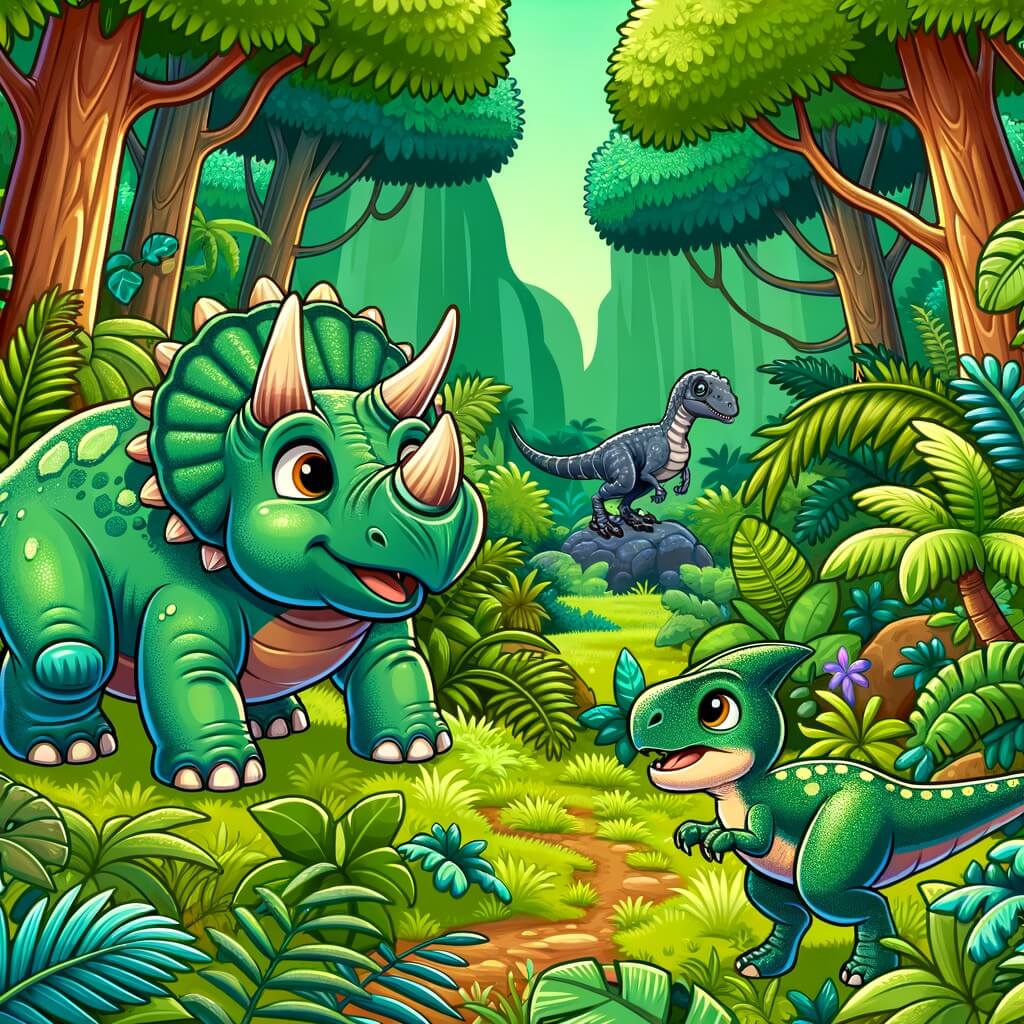 Une illustration destinée aux enfants représentant un adorable tricératops perdu dans une jungle luxuriante, accompagné d'un sympathique velociraptor, à la recherche de son chemin vers son royaume des tricératops, entouré de majestueux arbres verts et d'une végétation foisonnante.