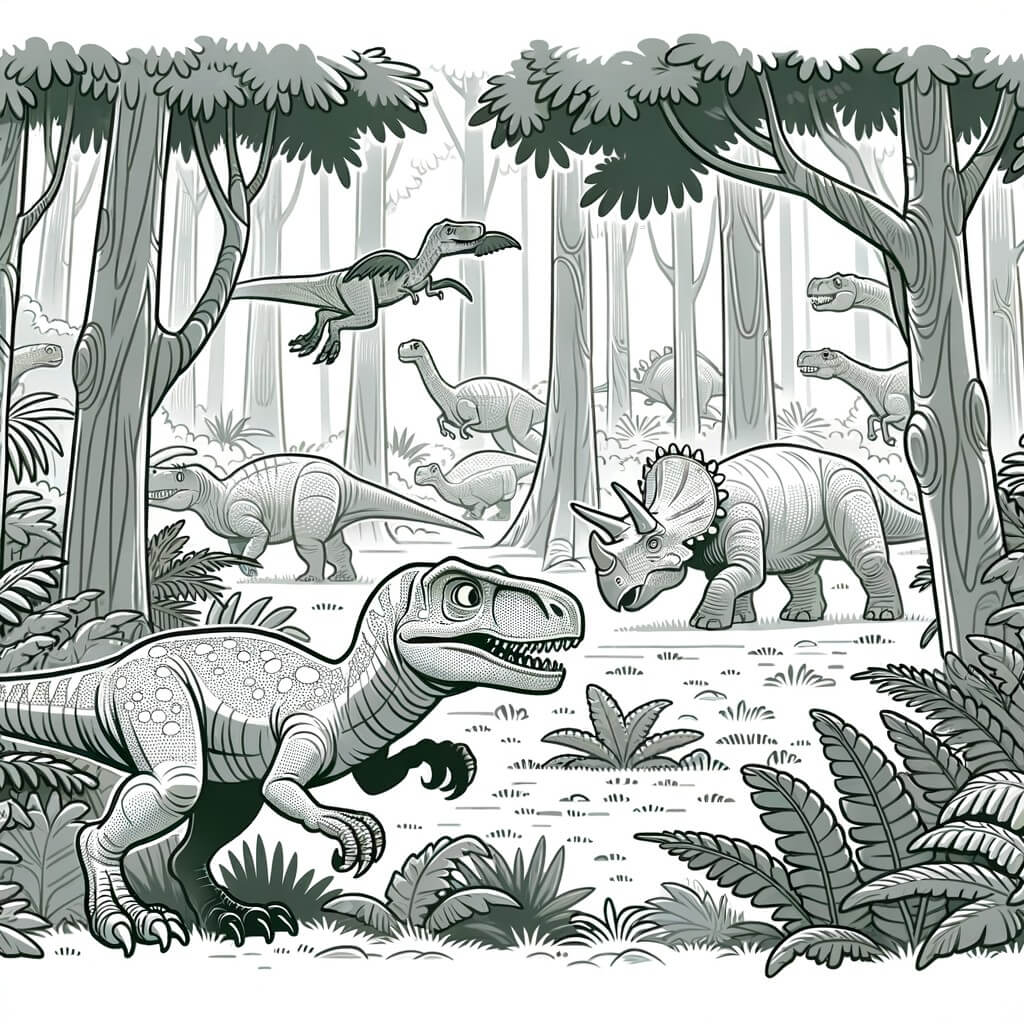 Une illustration destinée aux enfants représentant un vélociraptor agile et vif, se tenant en embuscade au milieu d'une dense forêt préhistorique, tandis qu'un troupeau de tricératops paisibles broute paisiblement à proximité.