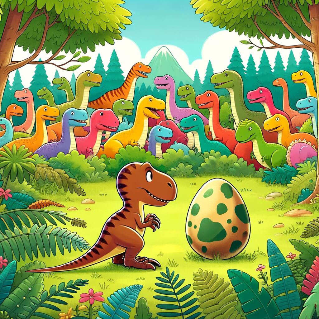 Une illustration destinée aux enfants représentant un vélociraptor intrépide, se retrouvant seul dans une forêt luxuriante habitée par des dinosaures colorés, et faisant la découverte d'un œuf mystérieux.