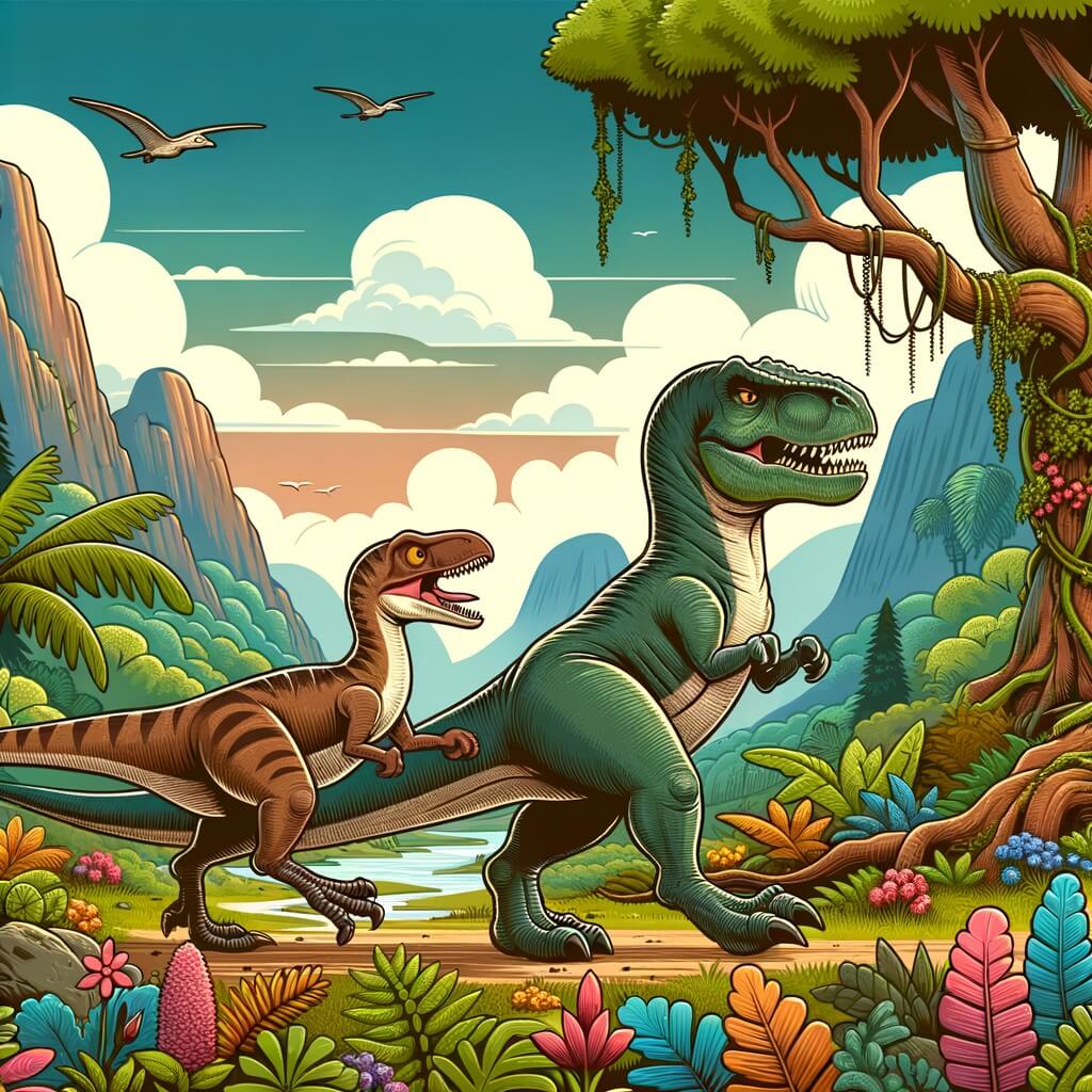 Une illustration destinée aux enfants représentant un vélociraptor courageux et audacieux, accompagné d'un tyrannosaure perdu, se trouvant dans une vallée luxuriante remplie d'arbres géants et de plantes colorées.